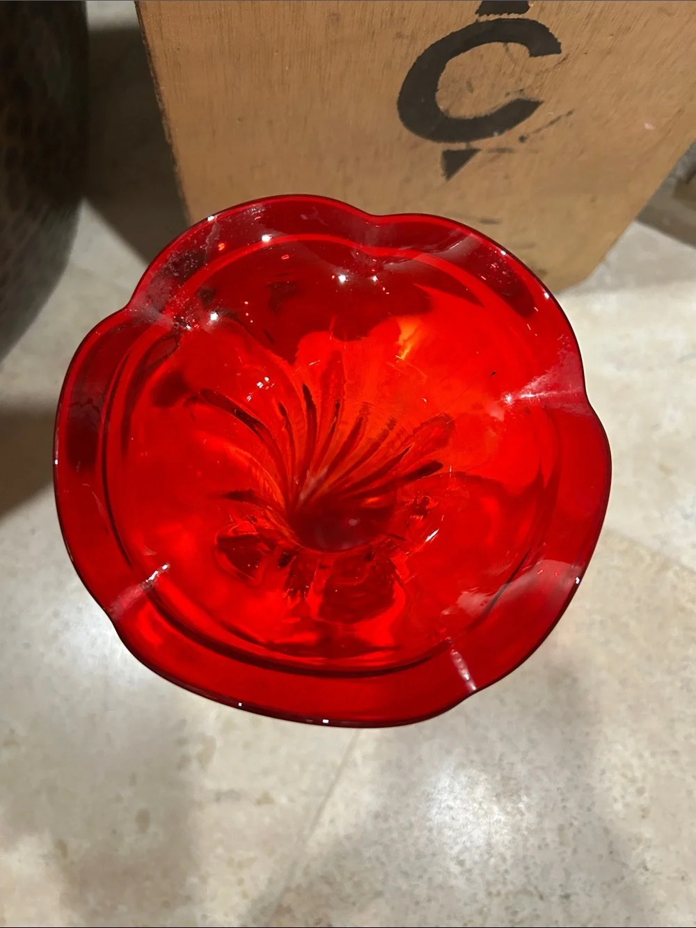 Vintage Red Handblown Fluted Glass Bud Vase - Unbranded